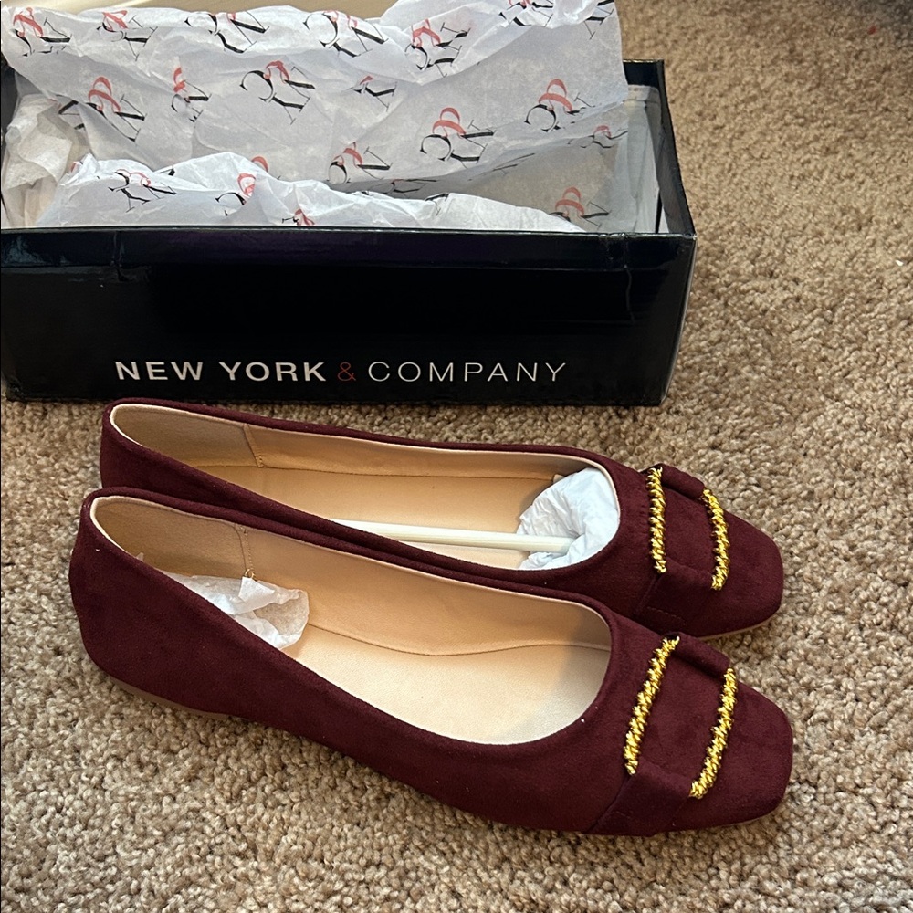 New York & Company Maroon Flats with Gold Detailing